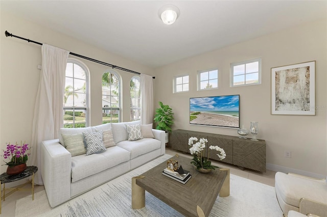 living room featuring light tile patterned floors