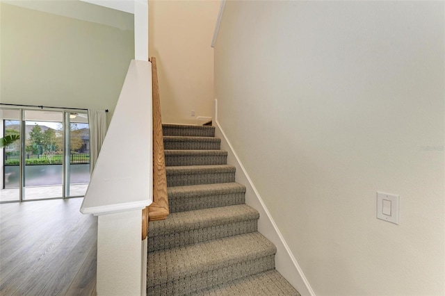 staircase featuring wood-type flooring