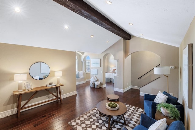 8855 Midnight Pass Rd, Sarasota, FL 34242 - living area featuring arched walkways, hardwood / wood-style flooring, baseboards, stairway, and recessed lighting