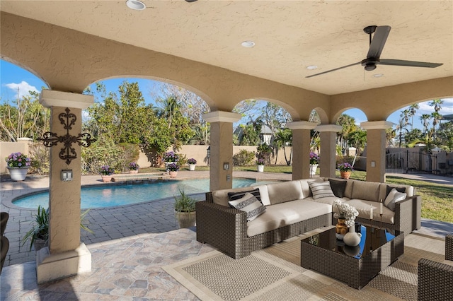 8855 Midnight Pass Rd, Sarasota, FL 34242 - fenced backyard with outdoor lounge area, a patio, and a ceiling fan
