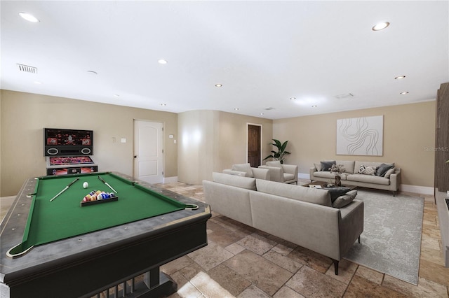 8855 Midnight Pass Rd, Sarasota, FL 34242 - recreation room with recessed lighting, billiards, and stone tile floors