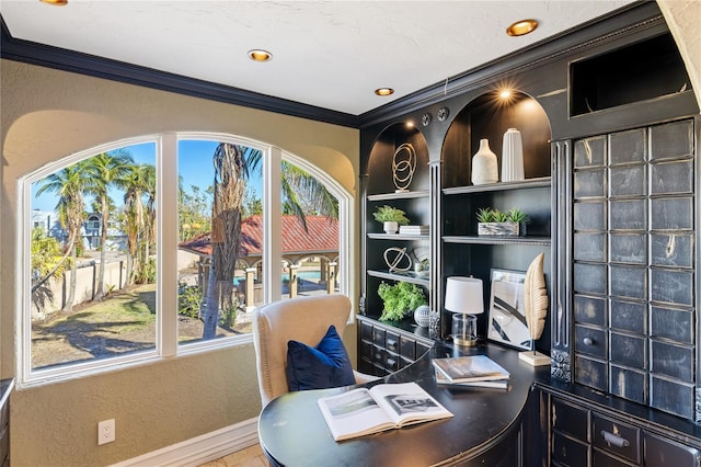 8855 Midnight Pass Rd, Sarasota, FL 34242 - office space with plenty of natural light, ornamental molding, recessed lighting, and a textured wall