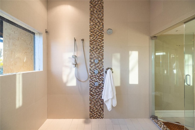 bathroom with a shower with shower door