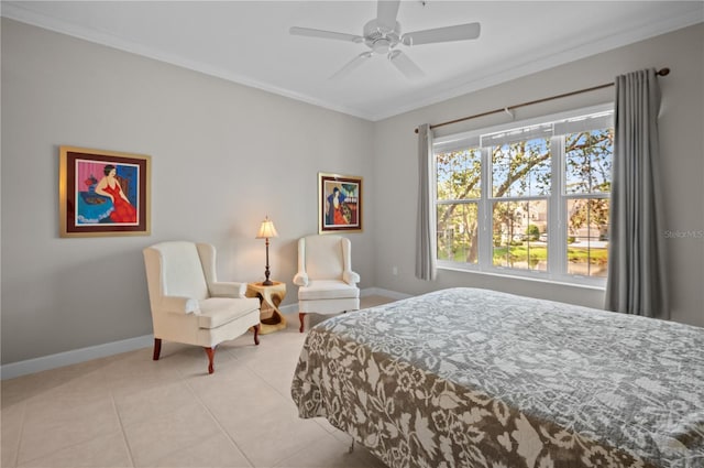 tiled bedroom featuring ceiling fan and ornamental molding