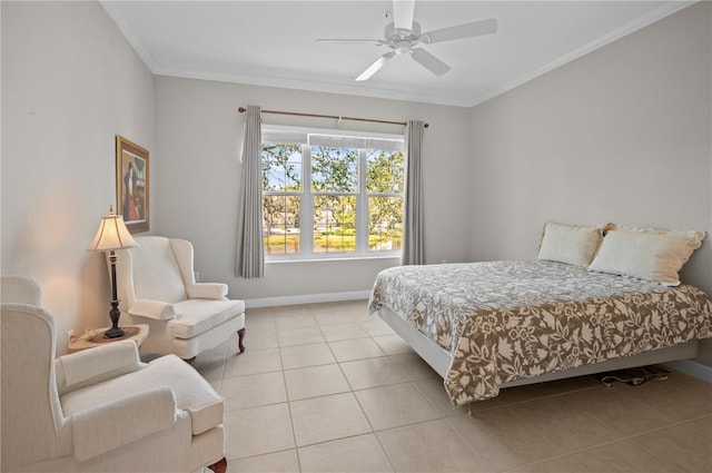 tiled bedroom with ceiling fan and crown molding