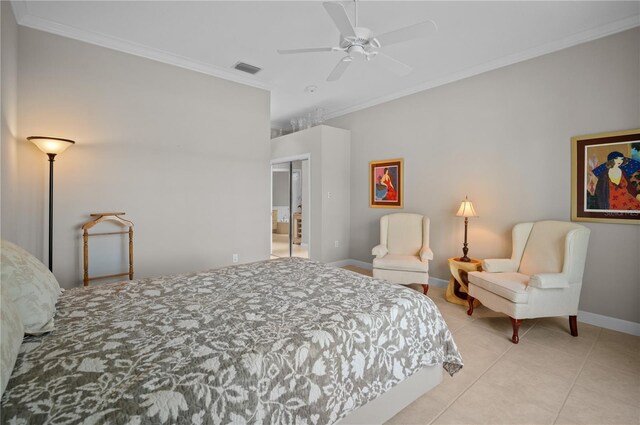 tiled bedroom with ceiling fan and crown molding