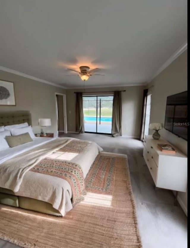 bedroom featuring crown molding, access to exterior, and ceiling fan