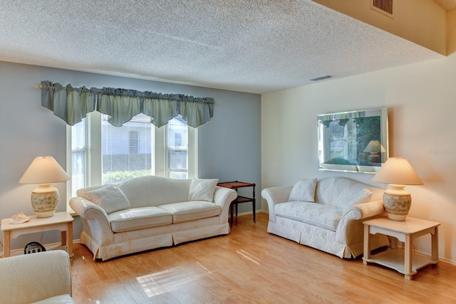 living room featuring hardwood / wood-style floors and a textured ceiling