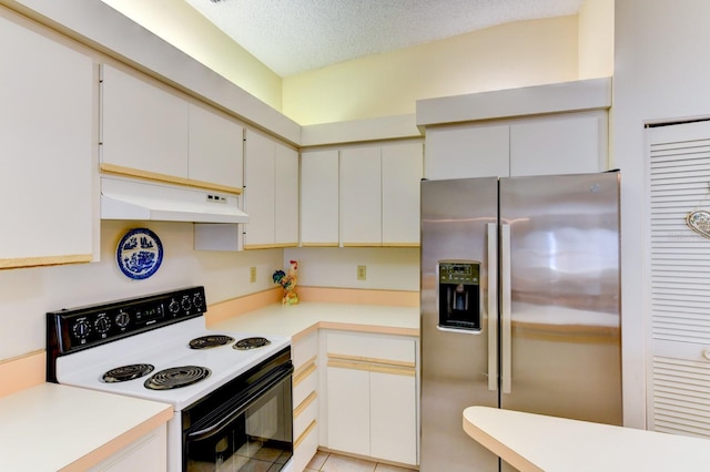 kitchen featuring white range with electric cooktop, stainless steel fridge with ice dispenser, white cabinets, and a textured ceiling