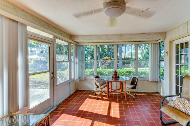 sunroom / solarium featuring ceiling fan and a healthy amount of sunlight