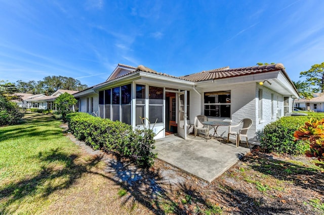 back of property with a patio area and a yard