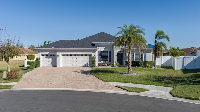 ranch-style house with a garage and a front lawn