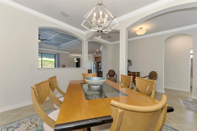 dining area featuring coffered ceiling, beamed ceiling, light tile patterned flooring, ceiling fan with notable chandelier, and ornamental molding