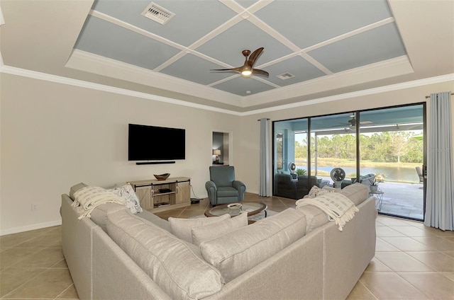 tiled living room with ornamental molding, ceiling fan, and coffered ceiling