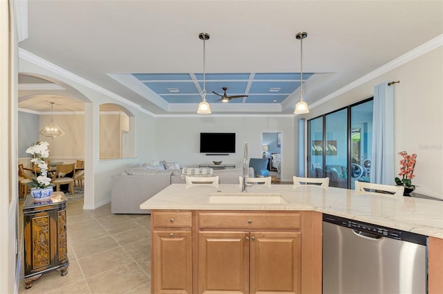 kitchen featuring dishwasher, coffered ceiling, sink, ornamental molding, and light tile patterned flooring