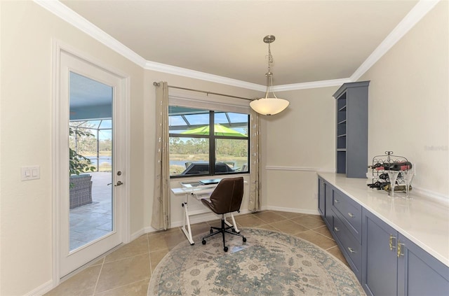 tiled office with crown molding