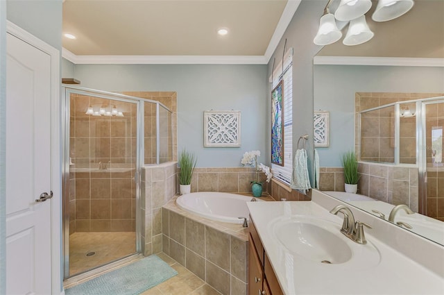 bathroom featuring tile patterned floors, vanity, independent shower and bath, and ornamental molding