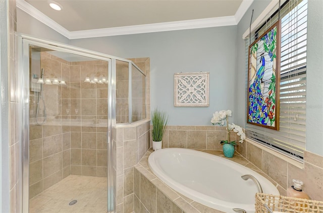 bathroom with independent shower and bath and ornamental molding