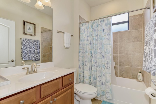 full bathroom with vanity, toilet, and shower / bathtub combination with curtain