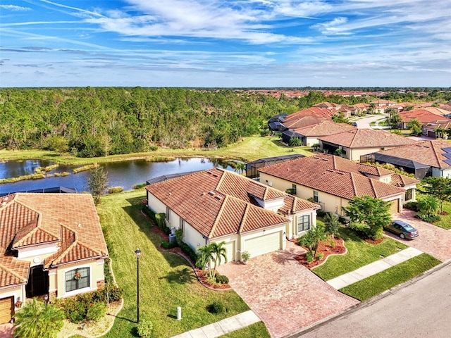 drone / aerial view with a water view