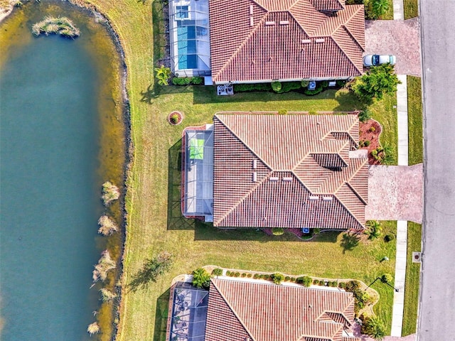 aerial view featuring a water view