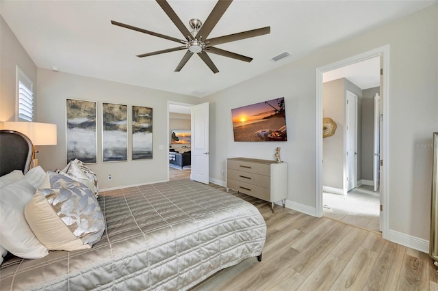 bedroom with ceiling fan and wood-type flooring