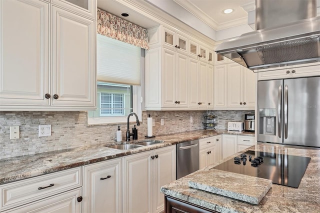 kitchen featuring sink, white cabinetry, stainless steel appliances, light stone counters, and island exhaust hood