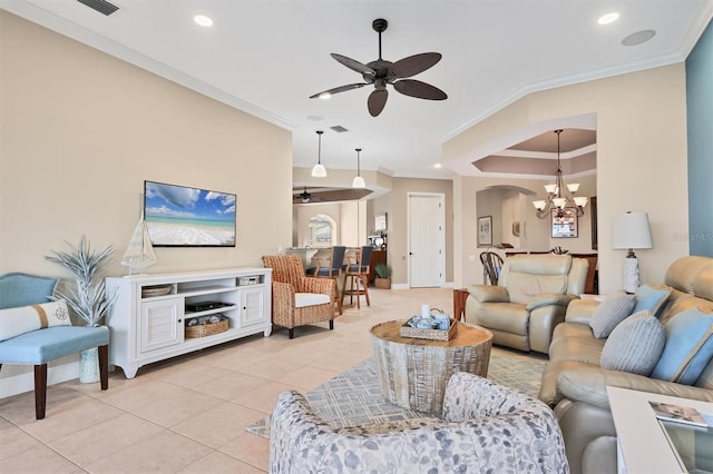 living room featuring light tile patterned floors, crown molding, and ceiling fan with notable chandelier