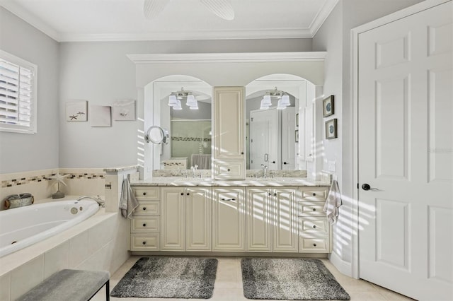 bathroom featuring vanity, tile patterned flooring, ornamental molding, and separate shower and tub