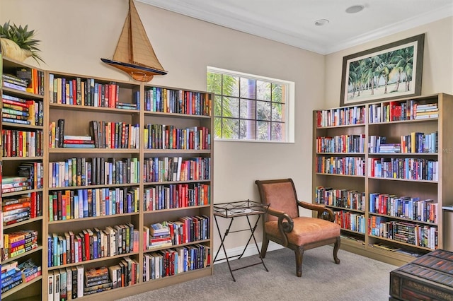 sitting room with ornamental molding and carpet