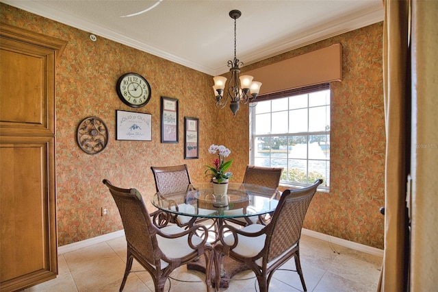 tiled dining room featuring an inviting chandelier and ornamental molding