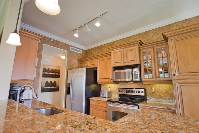 kitchen with decorative light fixtures, sink, light stone counters, and stainless steel appliances