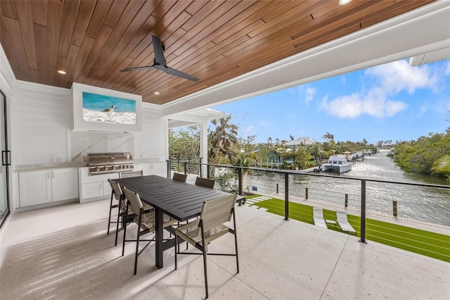 view of patio featuring ceiling fan, grilling area, a balcony, area for grilling, and a water view