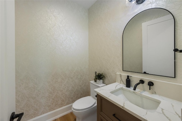 bathroom with vanity, toilet, and wood-type flooring