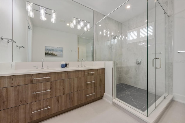 bathroom featuring vanity and walk in shower