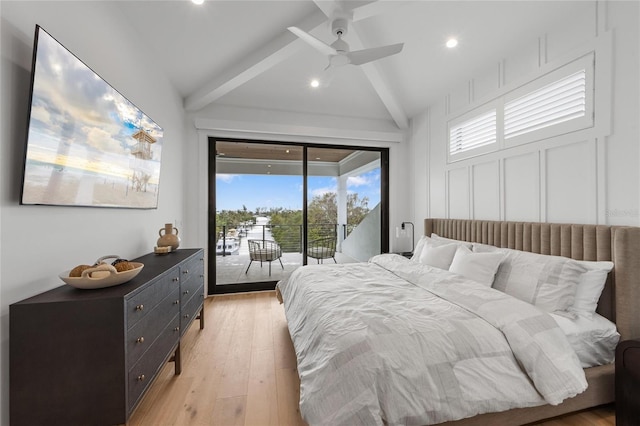 bedroom with vaulted ceiling with beams, ceiling fan, light hardwood / wood-style floors, and access to outside