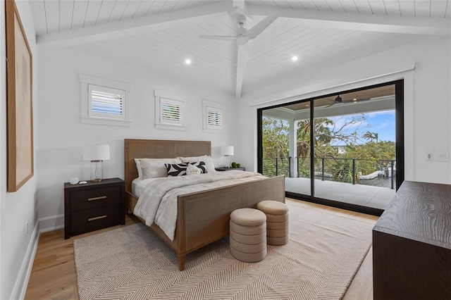 bedroom featuring vaulted ceiling with beams, ceiling fan, access to outside, and light hardwood / wood-style flooring