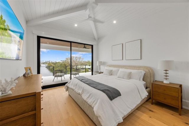 bedroom featuring access to exterior, light hardwood / wood-style flooring, wooden ceiling, and vaulted ceiling with beams