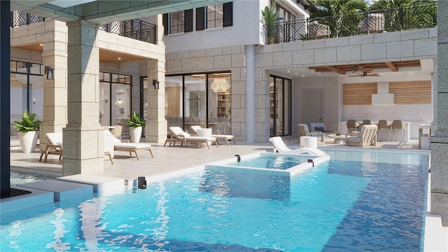 view of pool with ceiling fan, an in ground hot tub, and a patio