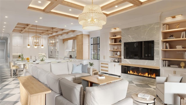 living room featuring a stone fireplace, sink, built in features, a notable chandelier, and coffered ceiling