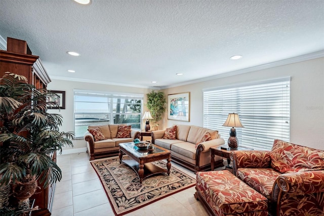 living room with plenty of natural light, light tile patterned flooring, crown molding, and a textured ceiling