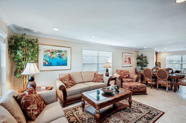 tiled living room with a textured ceiling and ornamental molding