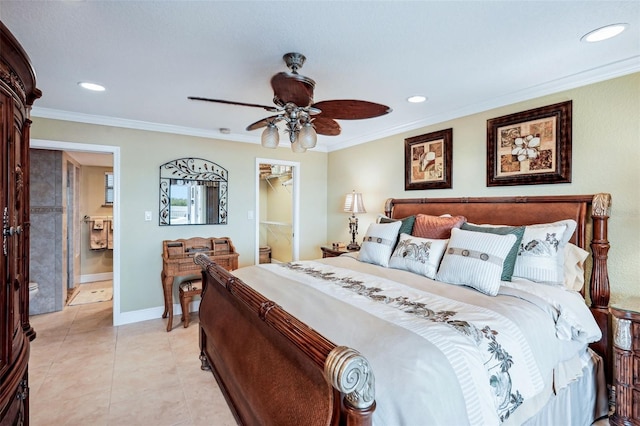 bedroom featuring ceiling fan, a walk in closet, ornamental molding, and a closet