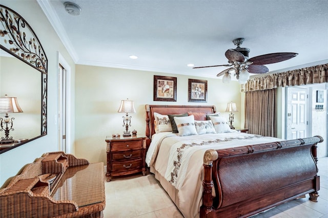 tiled bedroom with ceiling fan and crown molding