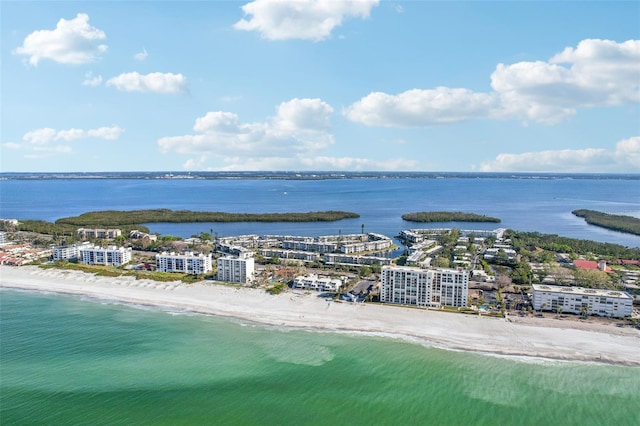 aerial view featuring a water view and a beach view