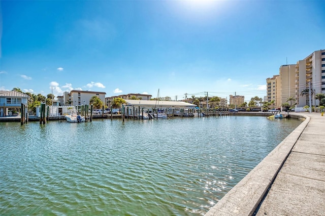 view of water feature with a boat dock