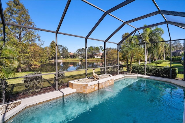 view of pool with a lanai, pool water feature, a lawn, and a water view