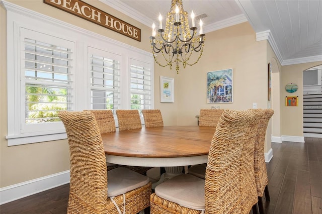 dining area featuring crown molding, dark hardwood / wood-style flooring, and a notable chandelier