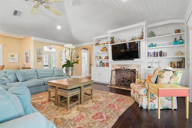 living room with crown molding, dark hardwood / wood-style flooring, wooden ceiling, and vaulted ceiling