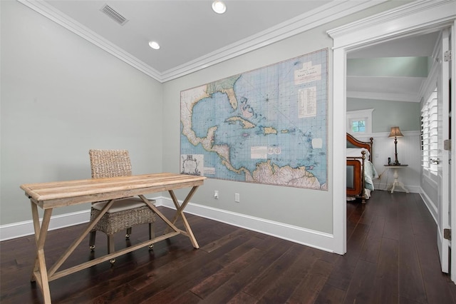 office area with dark hardwood / wood-style flooring, lofted ceiling, and crown molding